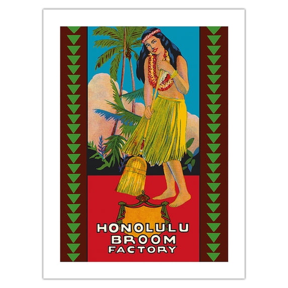 Honolulu Hawaii Broom Factory - Hawaiian Hula Girl - Vintage Advertising Poster c.1950s - Bamboo Fine Art 290gsm Paper (Unframed) 12x16in