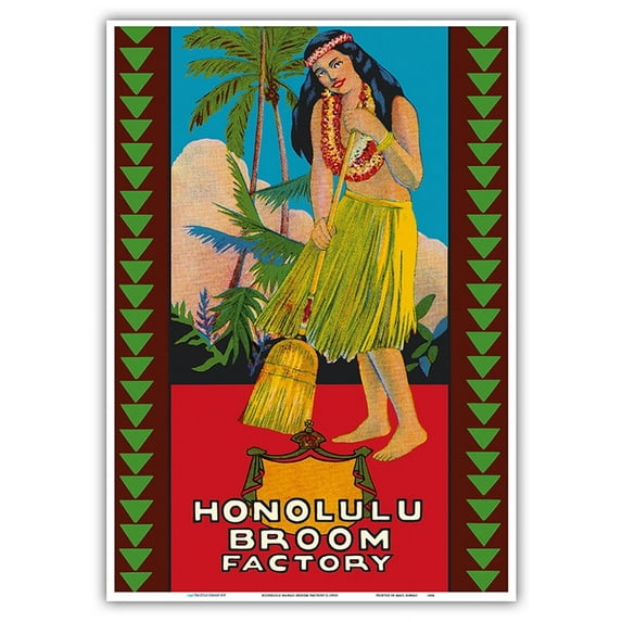 Honolulu Hawaii Broom Factory - Hawaiian Hula Girl - Vintage Advertising Poster c.1950s - Master Art Print 10in x 14in
