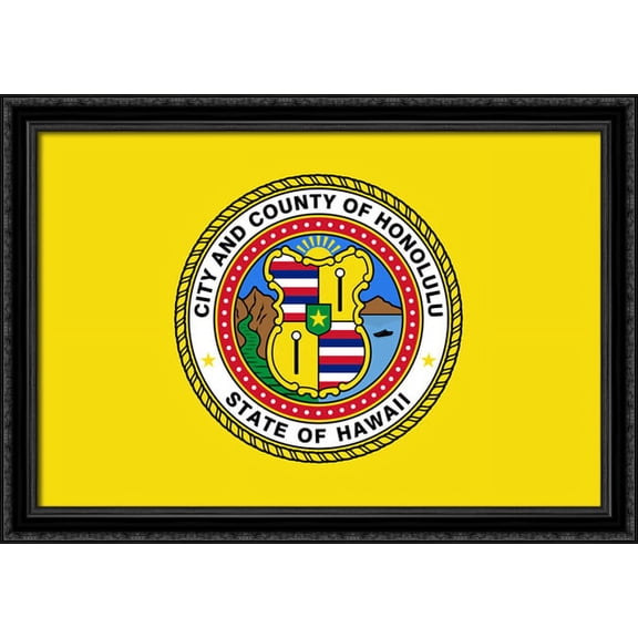 Honolulu, Hawaii Flag Art 40x28 Large Black Ornate Wood Framed Canvas Art
