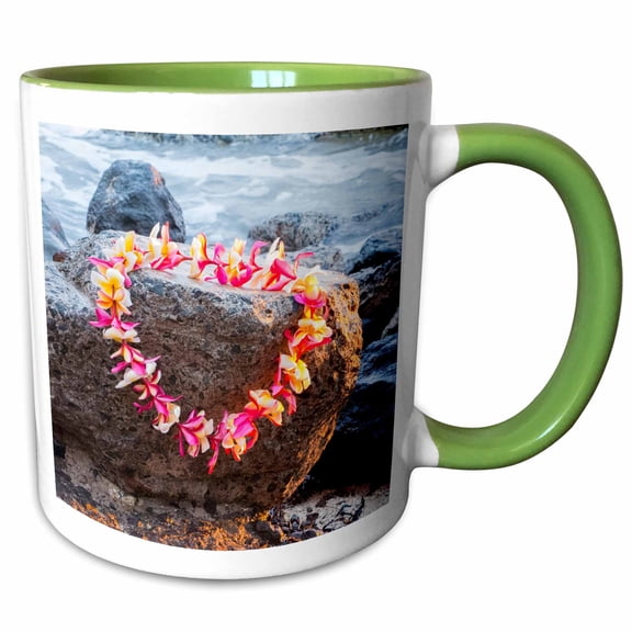 3drose, Honolulu, Hawaii, Oahu. Waikiki Beach Lei on Surf Rocks., 11oz Two-tone Green Mug