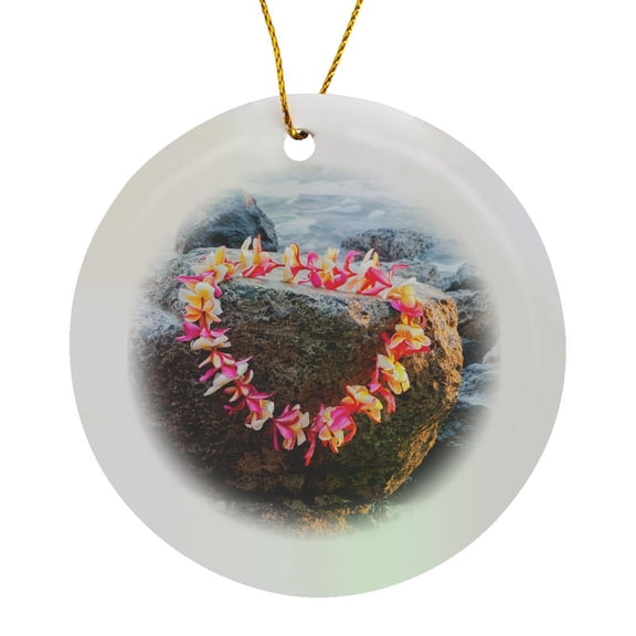 3drose, Honolulu, Hawaii, Oahu. Waikiki Beach Lei on Surf Rocks., Circle Porcelain Ornament