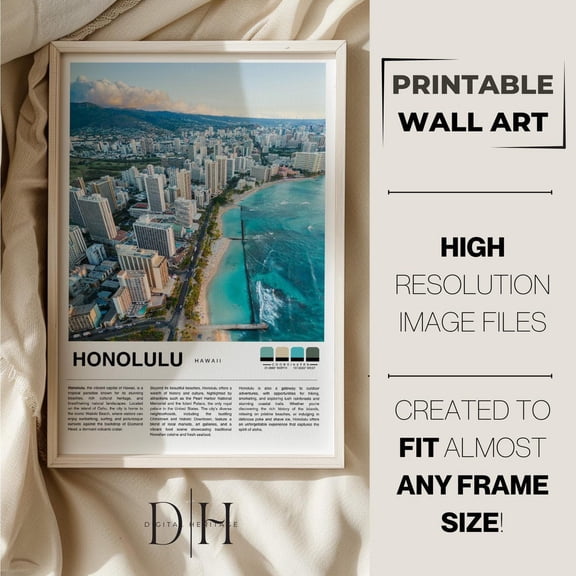 Honolulu Hawaii Photo Poster: Minimalist Travel Wall Art, Stretched Canvas Size 12x18