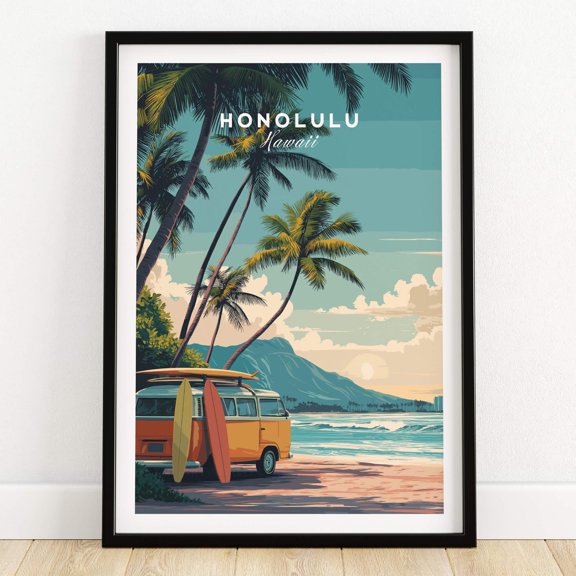 Honolulu Hawaii Travel Poster Surf Van Beach Wall Art