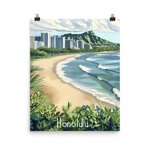 Honolulu Print, Hawaii Coastal Cityscape Wall Art, Tropical Oahu Poster, Hawaiian Islands Travel Decor, Pacific Ocean Home Art Home Decor #3268, Unframed Canvas Size 24x36
