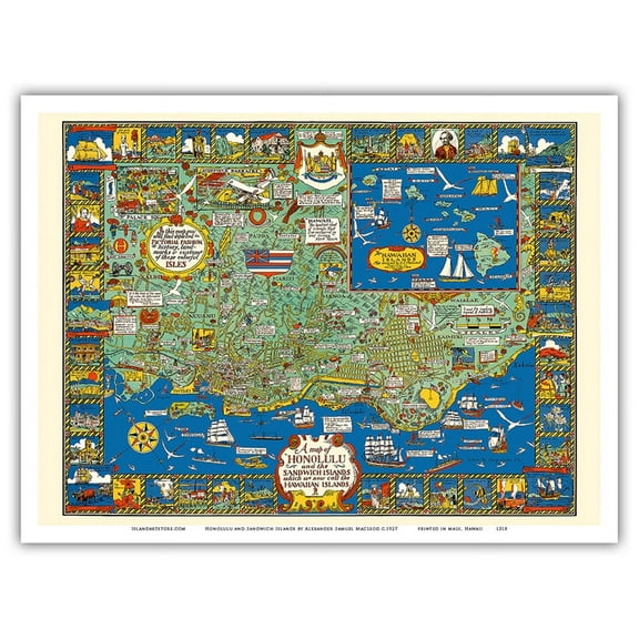 Honolulu and the Sandwich Islands - Hawaiian Islands - Vintage Pictorial Map by Alexander Samuel MacLeod c.1927 - Master Art Print (Unframed) 9in x 12in