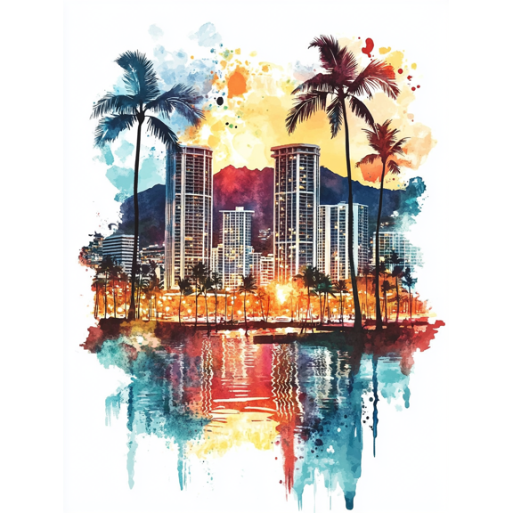Honolulu Sunset Cityscape Watercolor Painting/Canvas ArtSuitable for Living RoomBedroomOfficeHoteland Restaurant Decoration.