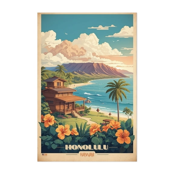 Honolulu Sunset Escape: Vintage Travel Poster - Honolulu Hawaii Illustration Unframed Wall Art Print 12 x 18 inches