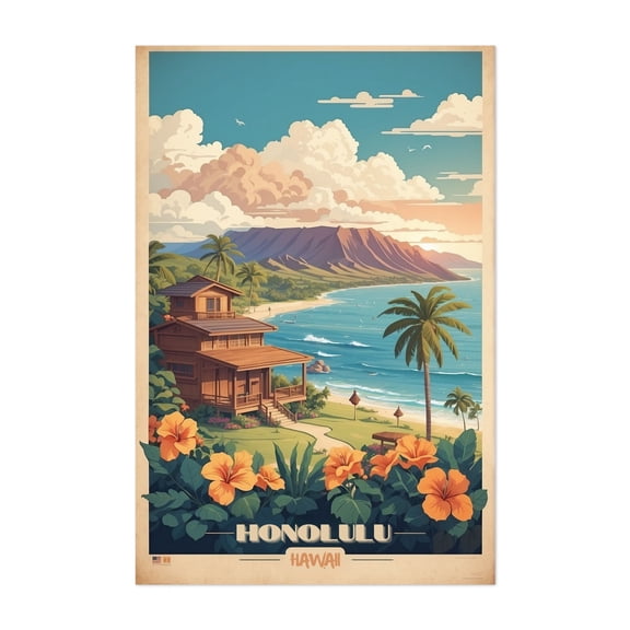 Honolulu Sunset Escape: Vintage Travel Poster - Honolulu Hawaii Illustration Unframed Wall Art Print 20 x 30 inches