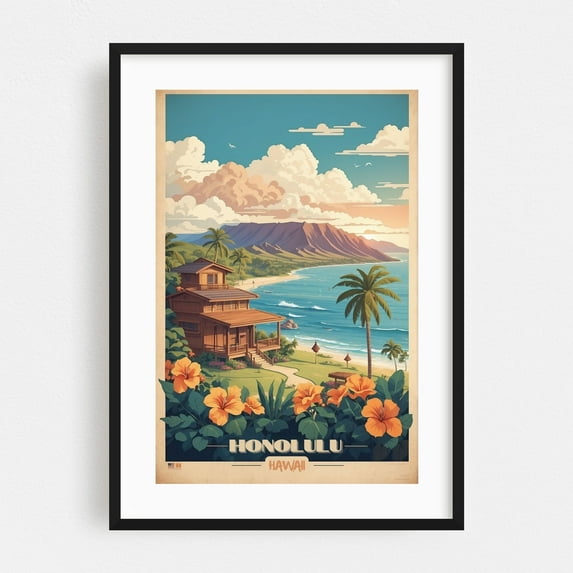 Honolulu Sunset Escape: Vintage Travel Poster - Honolulu Hawaii Illustration Vintage Poster Travel Poster Tropical Beach House Coast Palm Tree Floral Black Framed Wall Art Print 5 x 7 inches