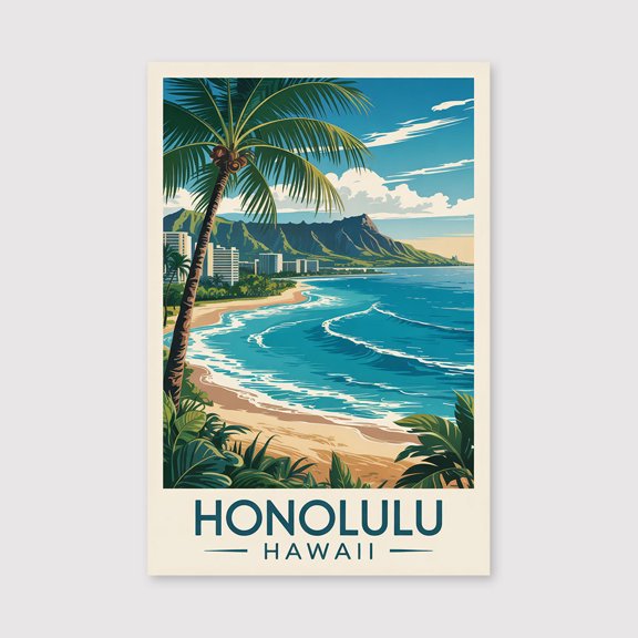 Honolulu Travel Print Canvas Wall Art, Honolulu Wall Hanging Home decor Honolulu Canvas Art, Hawaii Art Canvas Print Canvas Art,work-1WN505