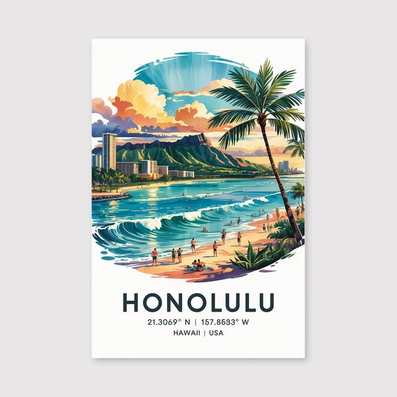 Honolulu Watercolor Canvas Wall Art Honolulu Wall Hanging Home decor Honolulu Canvas Art, United States Wall Art-1WN5010