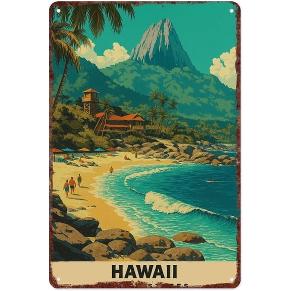 Honolulu and Waikiki Surf Metal Tin Wall Art Poster, Landscape Travel Decor Sign for Office, Living Room, Bar or Bathroom, 12 x 8 Inches