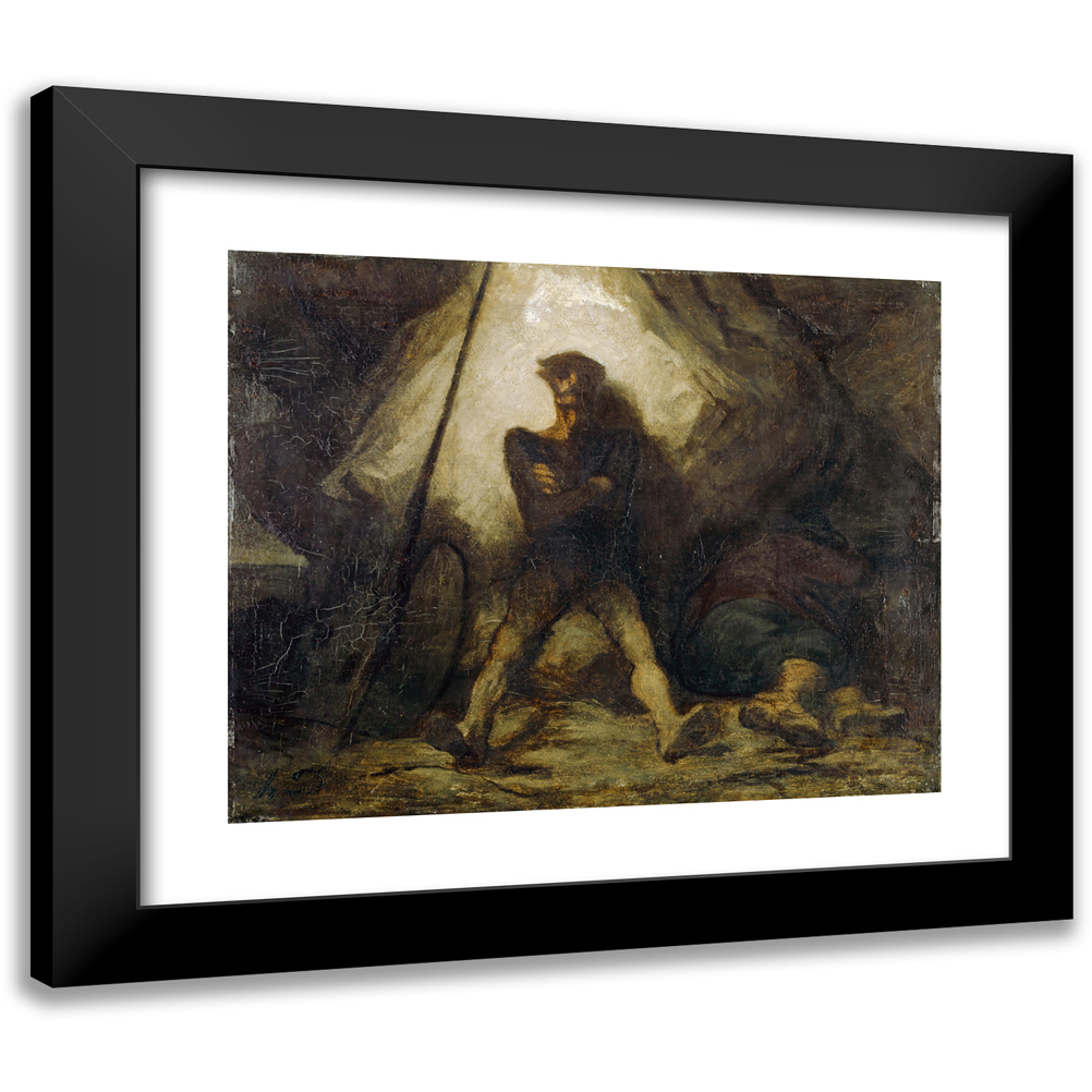 Honoré Daumier 14x12 Black Modern Framed Museum Art Print Titled - Don Quixote's Vigil (1855-1856)