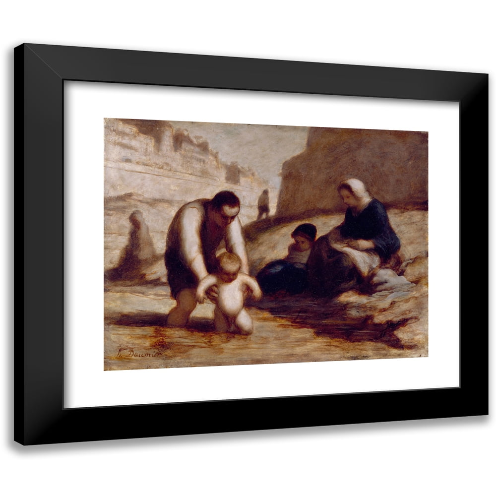 Honoré Daumier 24x20 Black Modern Framed Museum Art Print Titled - The First Bath (19th Century)