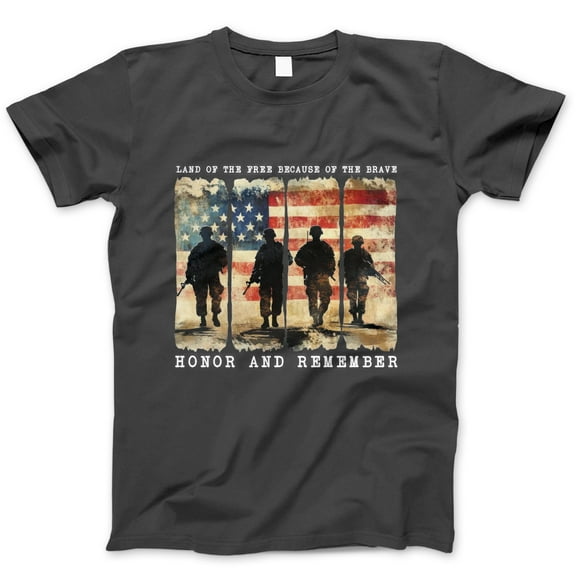 Honor and Remember T-Shirt – Land of the Free Because of the Brave Patriotic Graphic Tee, Veteran Memorial Day Fourth of July Military Shirt for Men and Women