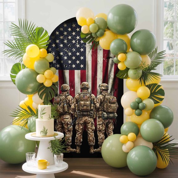 Honor Soldiers Arch Backdrop Cover, 4FT, Brotherhood US Flag Military Uniform Black Backdop Spandex Arch Covers Double-Sided Backdrop for Wedding Birthday Party Photo Background Decoration