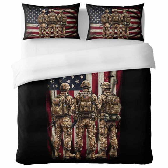 Honor Soldiers California King Duvet Cover Set, Brotherhood US Flag Military Uniform Black Backdop Decorative 3 Piece Bedding Set with Zipper Closure Soft Breathable Comforter Cover & 2 Pillowcases