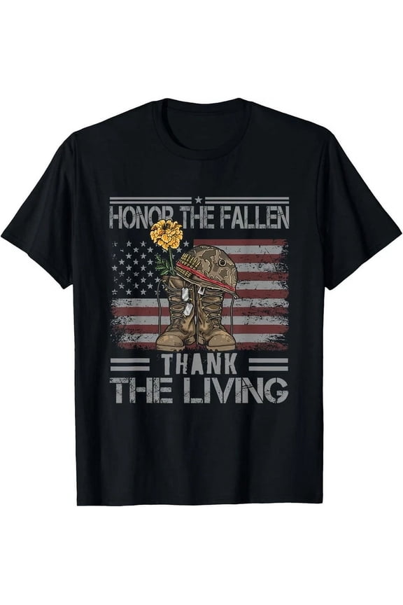 Honor The Fallen Thank The Living Patriotic Military Veteran Men's T-Shirt Retro American Flag Soldier Memorial Day Graphic Tee