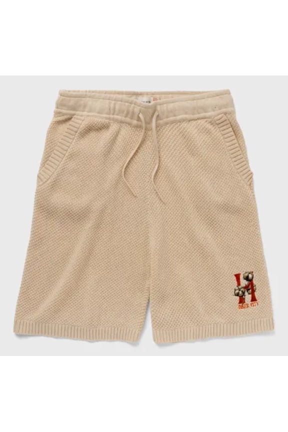 Men's Embroidered H Logo Handcrafted Soft Knit Cotton Shorts (X-Large, Bone)