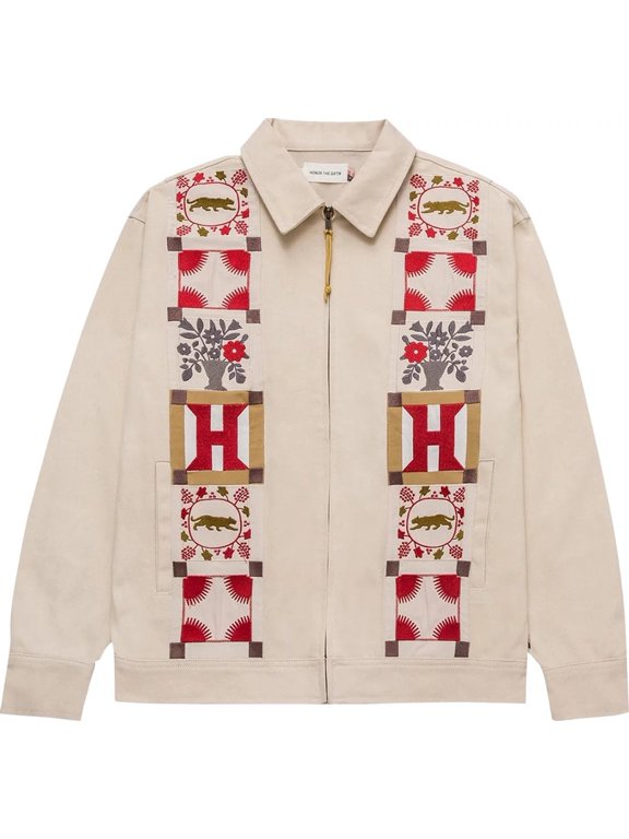 Men's Hawthorne Patchwork Embroidered Canvas Box Fit Jacket (Medium, Cream)