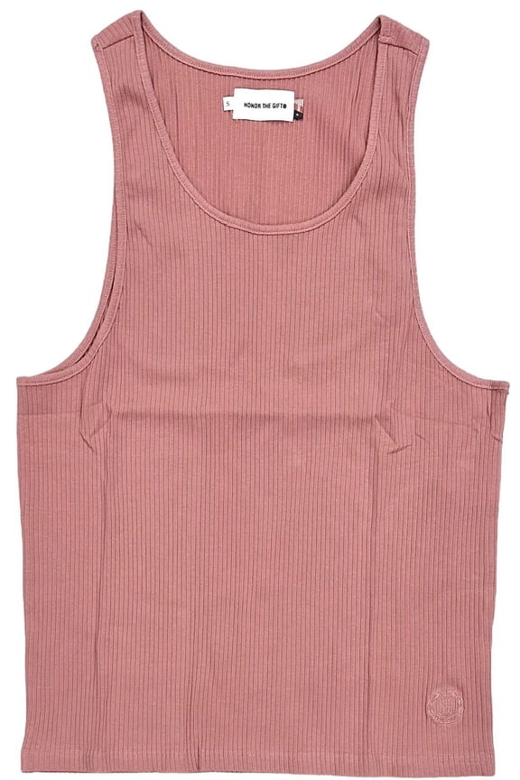 Men's LA Embroidered HTG Logo Ribbed Knit Tank Top Shirt (Large, Peach)