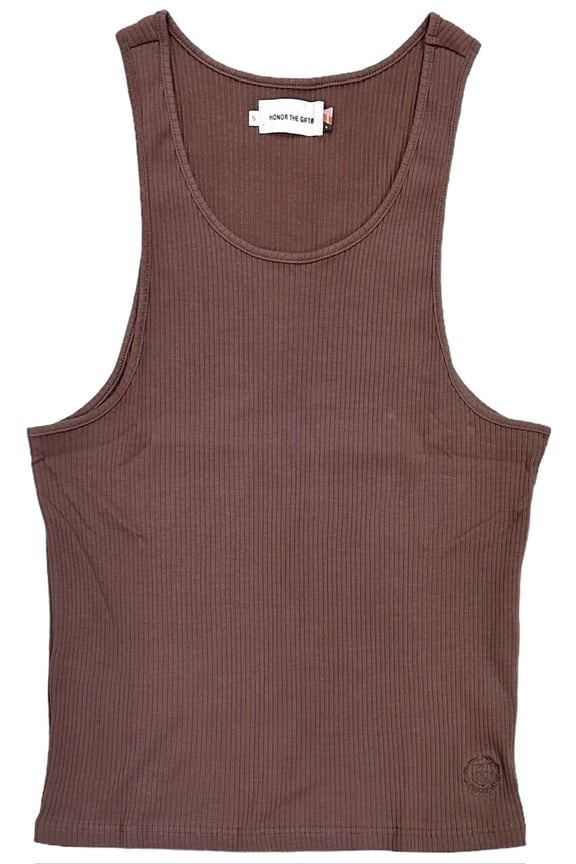 Men's LA Embroidered HTG Logo Ribbed Knit Tank Top Shirt (Medium, Hickory (Brown Wash))