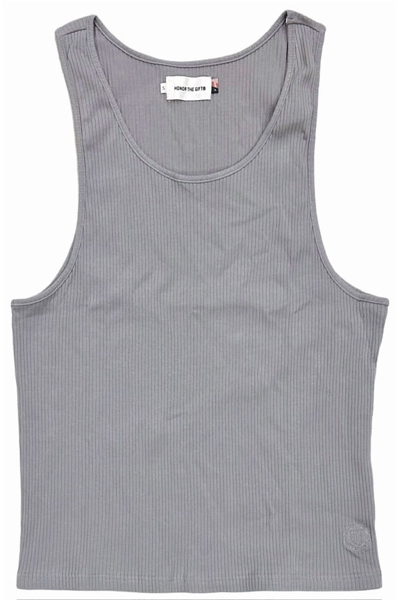 Men's LA Embroidered HTG Logo Ribbed Knit Tank Top Shirt (Medium, Stone Grey)