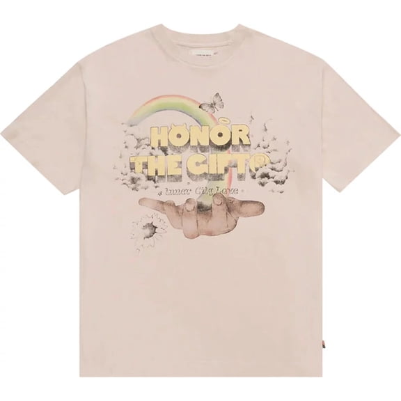Honor The Gift Men's Palms Distressed Relaxed Oversized Box Fit Tee T-Shirt (X-Large, Cream)