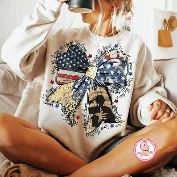 Honor the Brave Coquette Sweatshirt, 4th of July Memorial Pullover with Bow, Patriotic American Flag Sweater, Freedom USA Shirt for Women