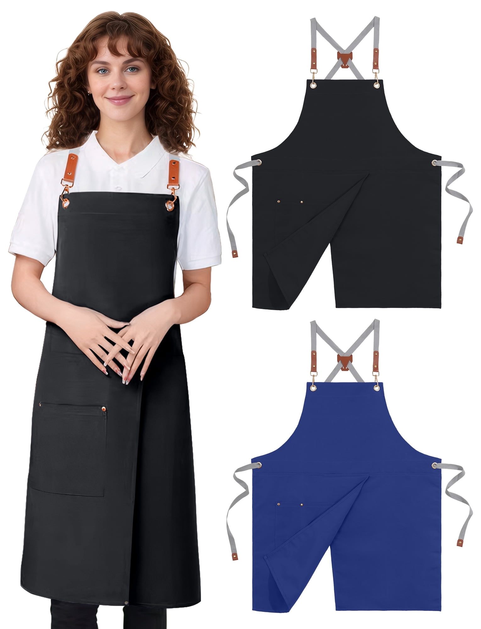 HonorHut 2 Pack Chef Apron Cross Back Apron with Large Pocket Strap Adjustable Split Leg Apron for Pottery Baking Gardening Cooking Black and Blue