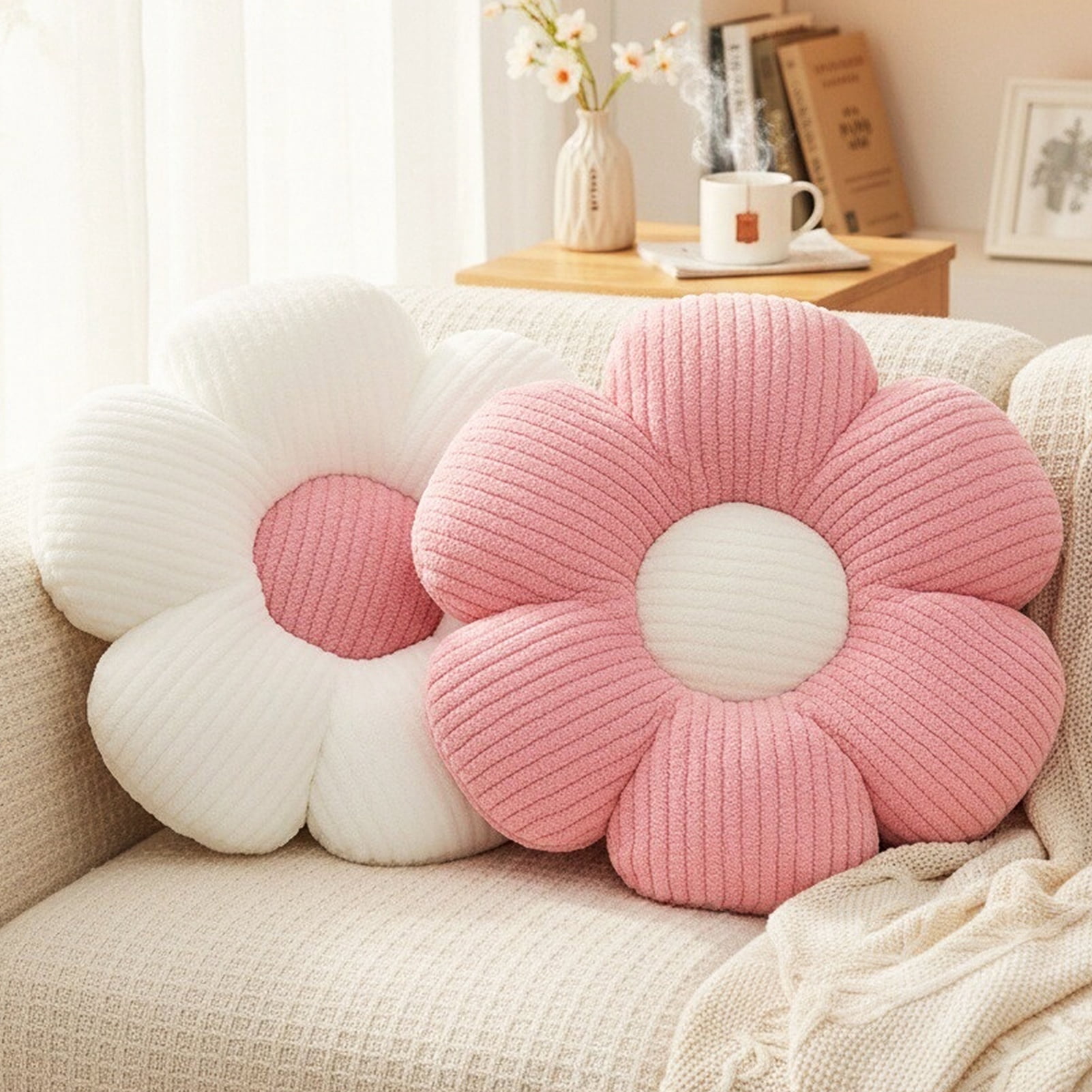 2 Pack Flower Pillows Soft Six Petal Daisy Shaped Throw Pillows Home Decorative Seating Cushion for Reading Sofa Couch Chair 15.7Inch White and Pink