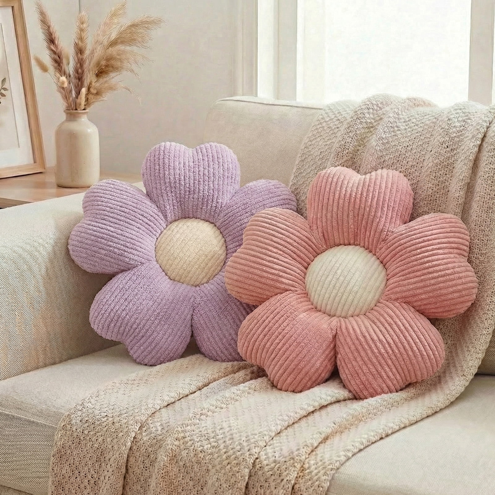 HonorHut 2 Pack Flower Shaped Throw Pillows Five Petal Flower Seating Cushions Cute Daisy Shaped Floor Cushion for Chair Couch & Room Decor Pink and Purple