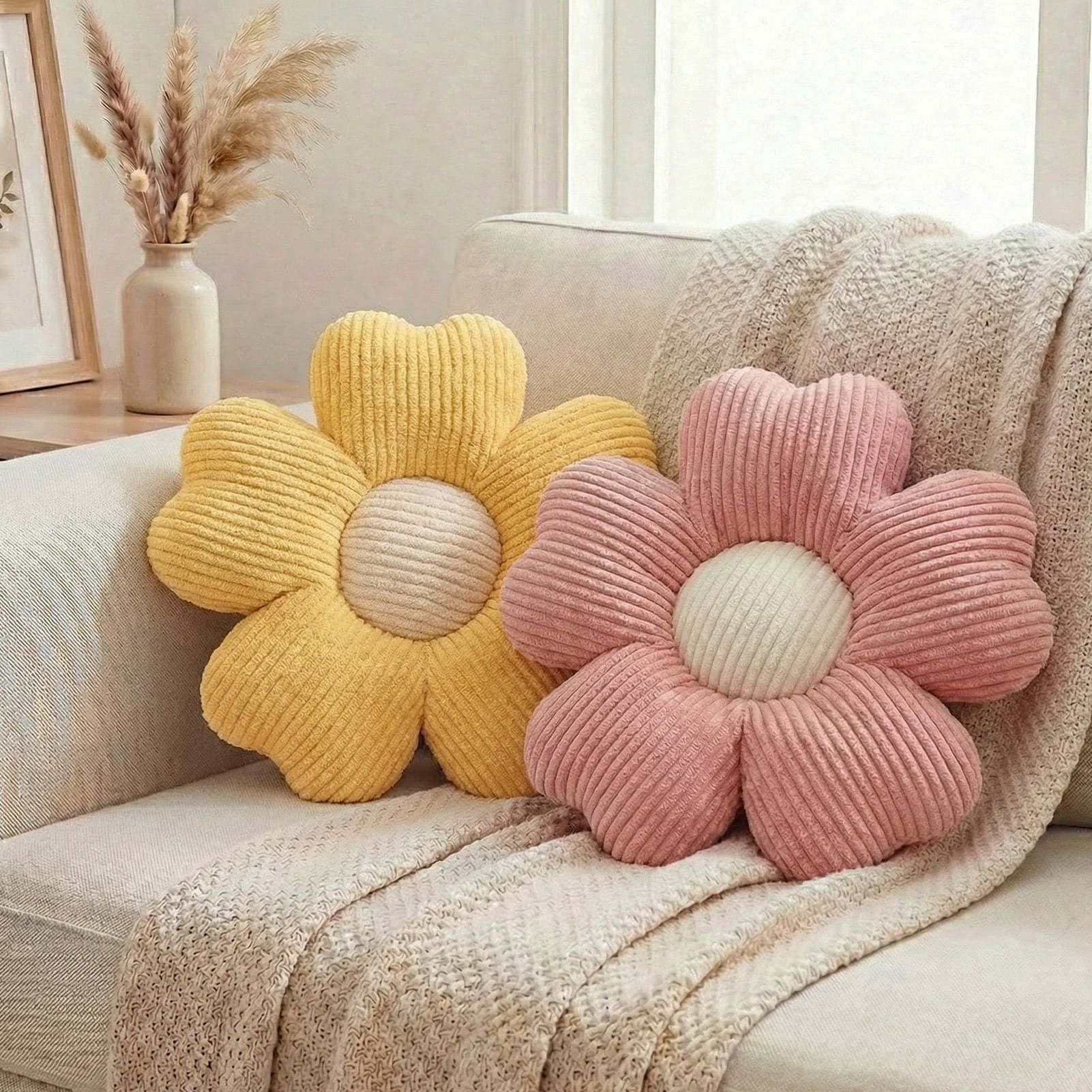 HonorHut 2 Pack Flower Shaped Throw Pillows Five Petal Flower Seating Cushions Cute Daisy Shaped Floor Cushion for Chair Couch & Room Decor Pink and Yellow