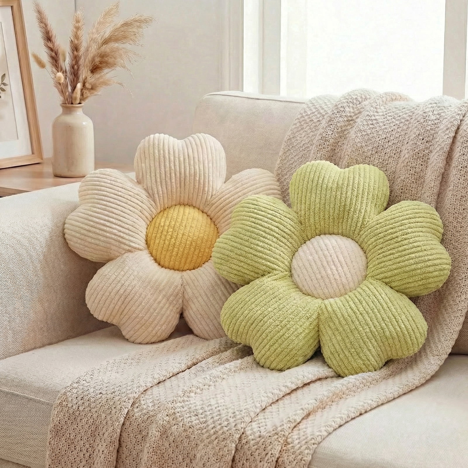 HonorHut 2 Pack Flower Shaped Throw Pillows Five Petal Flower Seating Cushions Cute Daisy Shaped Floor Cushion for Chair Couch & Room Decor White and Green