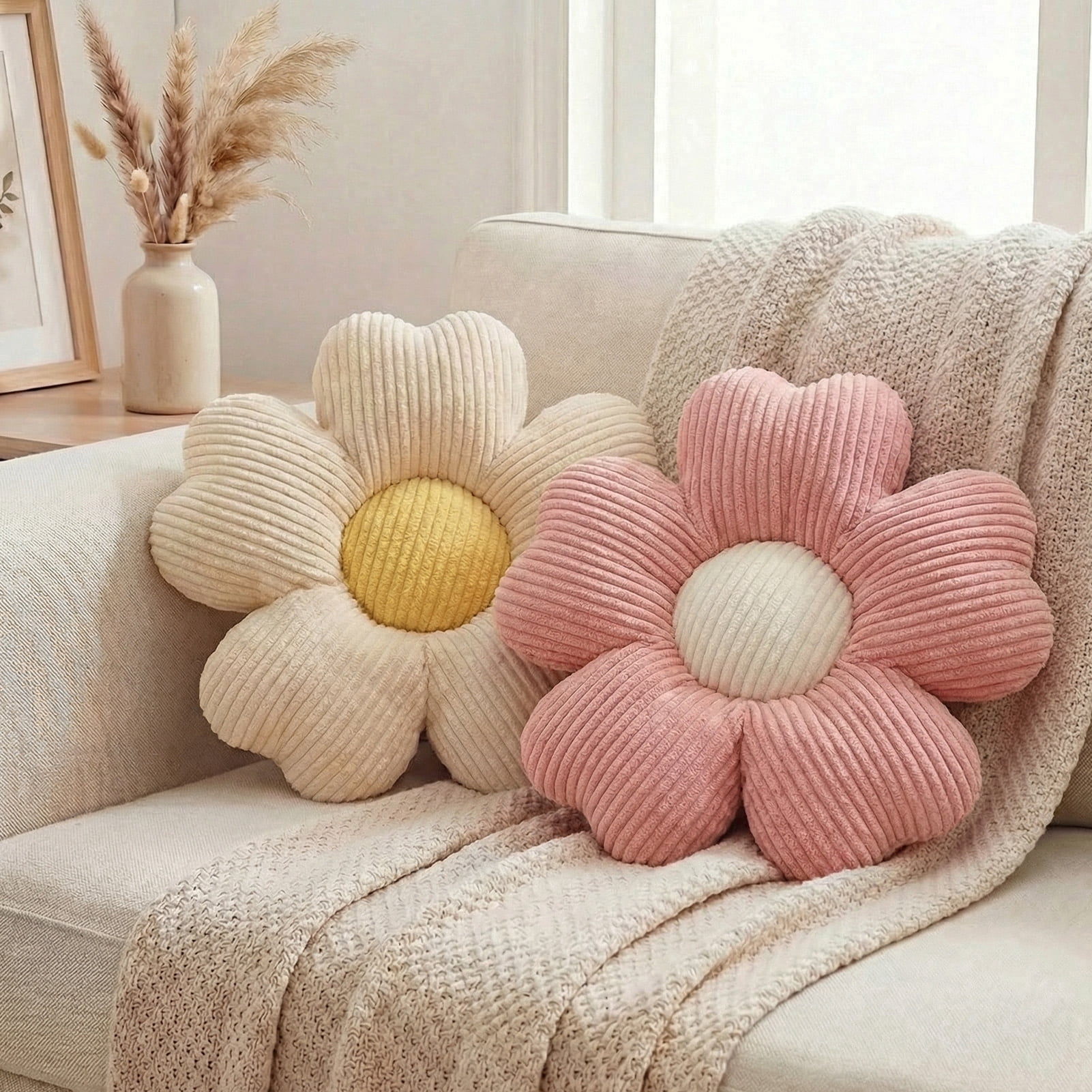 HonorHut 2 Pack Flower Shaped Throw Pillows Five Petal Flower Seating Cushions Cute Daisy Shaped Floor Cushion for Chair Couch & Room Decor White and Pink