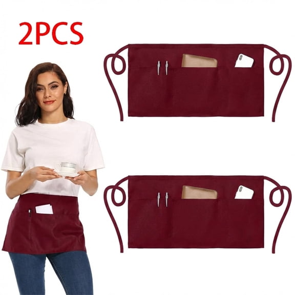 HonorHut 2 Pack Half Waist Server Aprons with 3 Pockets Long Waist Strap Pinafore Waterproof Soft Apron for Servers Waiter Waitress Red