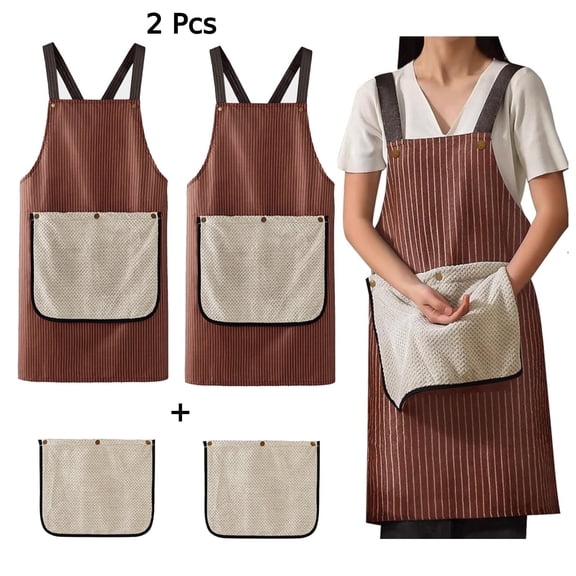 HonorHut 2 Pack Kitchen Apron Waterproof Striped Pinafore with 2 Removable Hand Towels Baking Cooking Apron Cross Back Chef Pinny for Women Men Brown