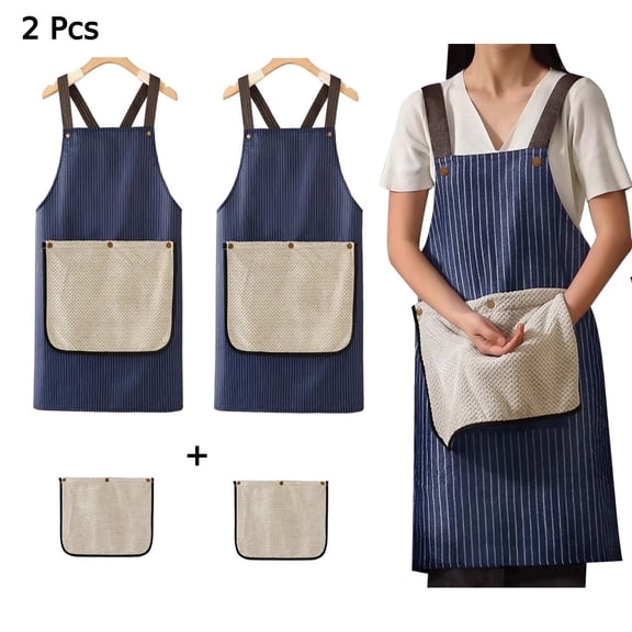 HonorHut 2 Set Kitchen Apron Waterproof Striped Pinafore with 2 Removable Hand Towels Baking Cooking Apron Cross Back Chef Pinny for Women Men Blue