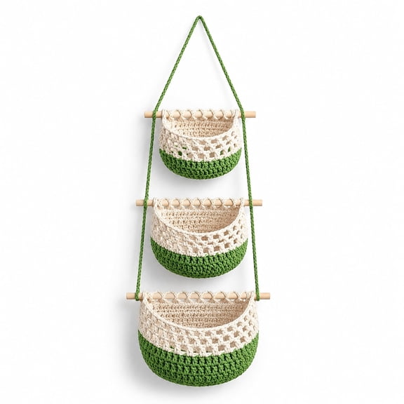 HonorHut 3 Tier Hanging Fruit Basket for Kitchen Boho Decor Hanging Wall Baskets Detachable Storage Holder Over the Door Organizer Green