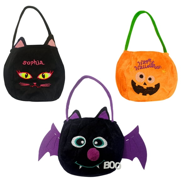 HonorHut 3Pcs Halloween Basket Candy Large Plush Tote Trick or Treat Bags Decorative Gifts for Festival and Cosplay Pumpkin Bat Cat Pattern