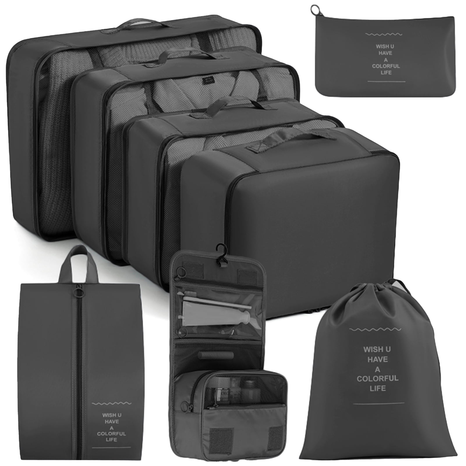 HonorHut 8 Set Packing Cubes Lightweight Organizer Bags Mesh Luggage Packing Bags Durable Storage Totes Travel Essentials Accessories Black