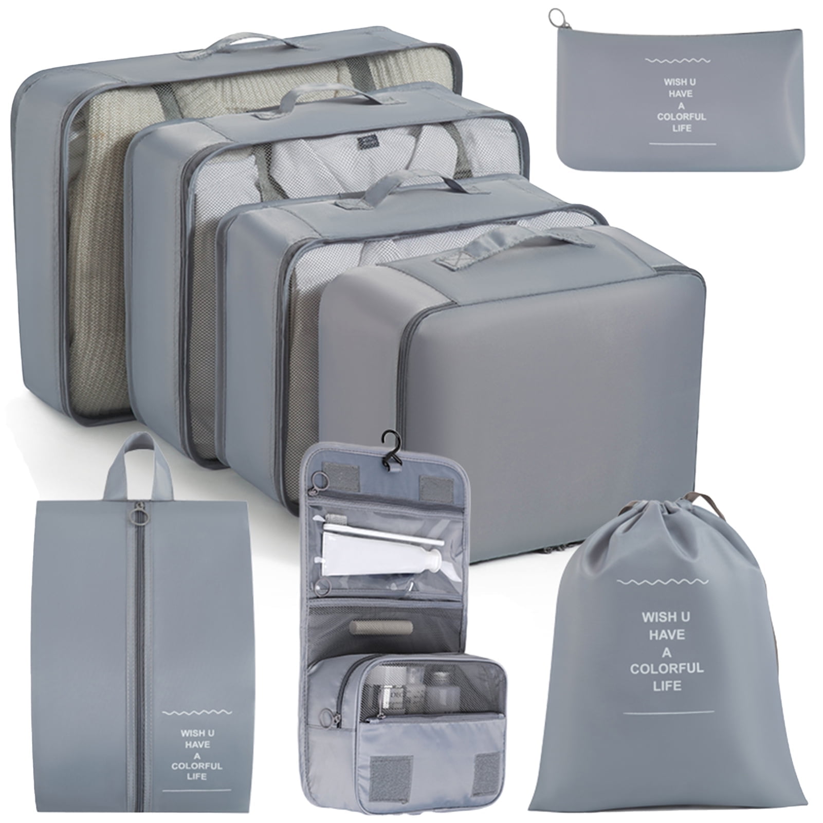 HonorHut 8 Set Packing Cubes Lightweight Organizer Bags Mesh Luggage Packing Bags Durable Storage Totes Travel Essentials Accessories Grey