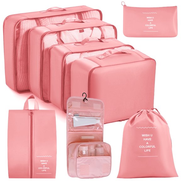 HonorHut 8 Set Packing Cubes Lightweight Organizer Bags Mesh Luggage Packing Bags Durable Storage Totes Travel Essentials Accessories Pink
