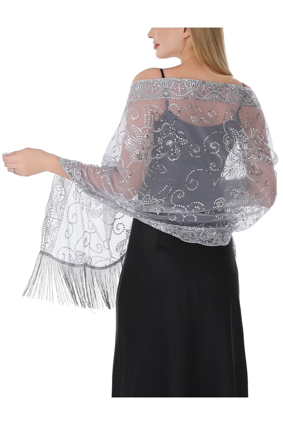 Sequin Shawl Women's Beaded Flapper Evening Wrap with Fringe Tassel Vintage Glitter Mesh Cape for Party Formal Silvery