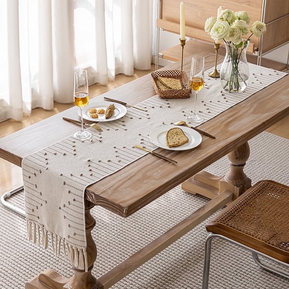 HonorHut Boho Table Runner with Tassels Farmhouse Stripe Table flag Rectangular Tablerunner Natural Minimalist Tablecloth 13x73Inch Khaki