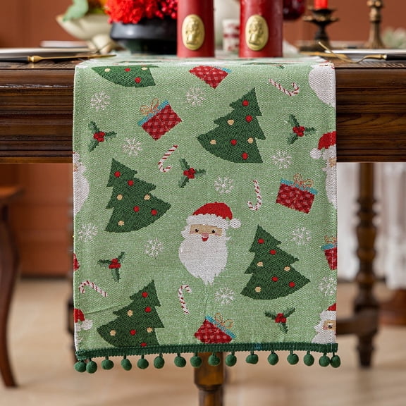 HonorHut Christmas Jacquard Table Runner Vintage Table Flag Washable Farmhouse Ttablerunner Christmas Tree Table Decorations with Tassels 14x95Inch Green