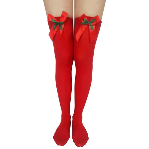 HonorHut Christmas Long Striped Socks Over The Knee High Stocks Thigh High Stockings Decorative Christmas Costume Accessories for Women and Girls Red (Double Knots)