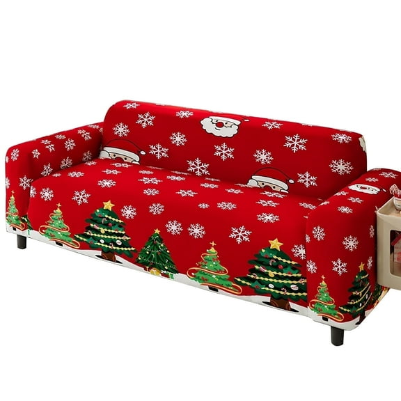 HonorHut Christmas Stretch Sofa Slipcover Christmas Tree Printed  Loveseat Cover Comfortable Furniture Protector Red Green
