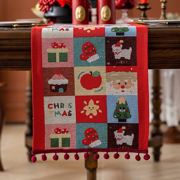 HonorHut Christmas Tablerunner with Tassels Weaving Jacquard Tablecloth Washable Decorative Table Flag Festival Decor Accessory 14x48 Inch Apple Red