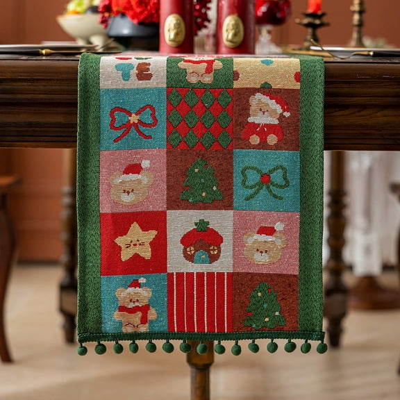 HonorHut Christmas Tablerunner with Tassels Weaving Jacquard Tablecloth Washable Decorative Table Flag Festival Decor Accessory 14x48 Inch Red Green